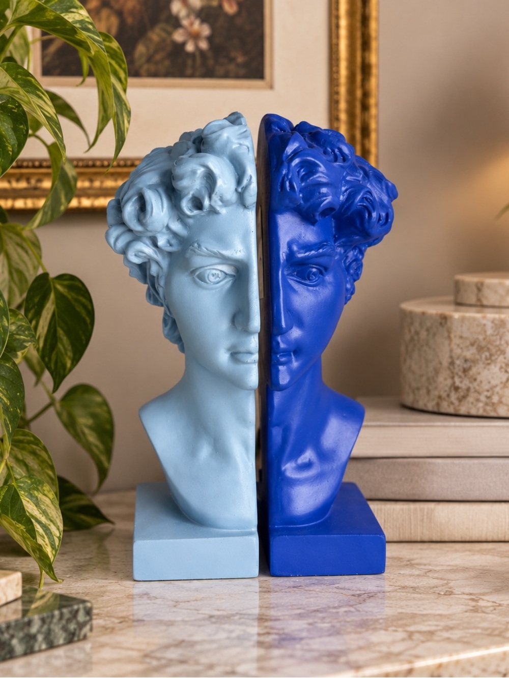 Set of 2 David Bust Bookends Blue Classical Greek Roman Statue Decorative